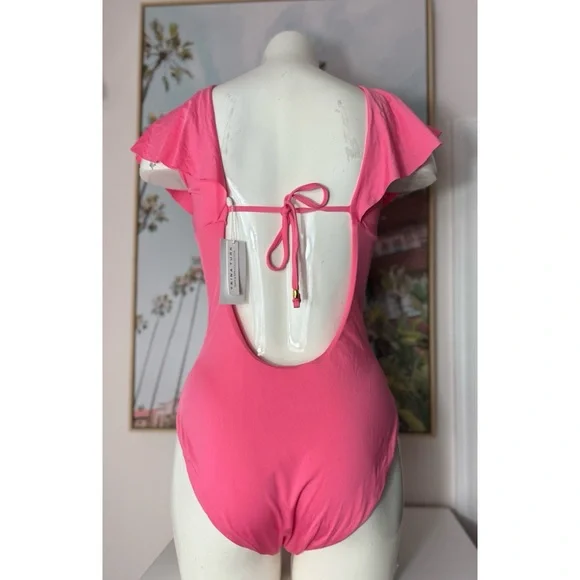 Trina Turk Pink Flutter Sleeve V-Neck One Piece Swimsuit Geranium Size 14 XL